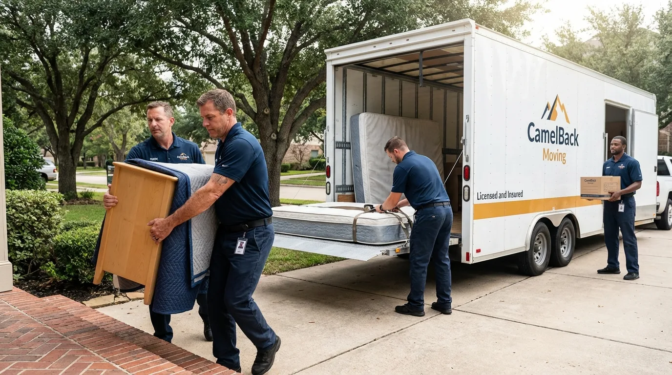 Crew loading residential truck for cross-state move from Bedford, MA