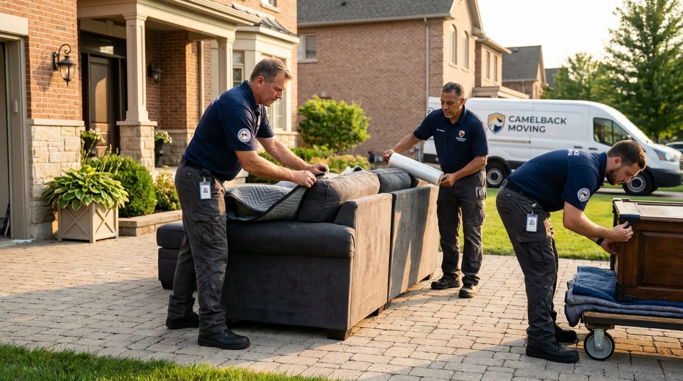 Large estate moving crew wrapping furniture in Bedford, MA