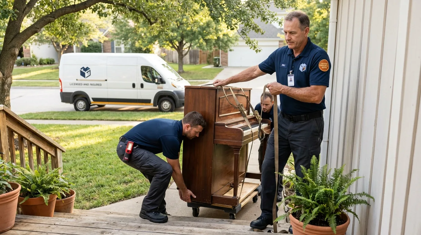 Licensed piano movers securing grand piano in Bedford, MA