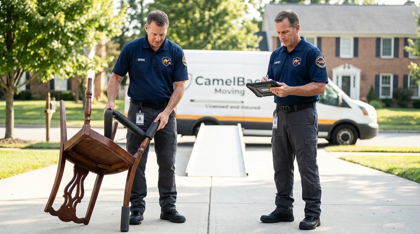 Movers inspecting furniture for damage prevention before loading in Bedford, MA