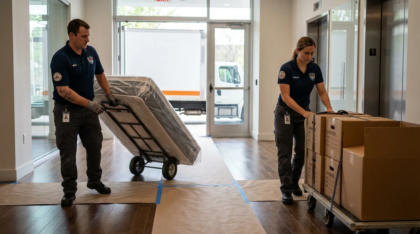 Professional apartment movers loading elevator in Bedford, MA